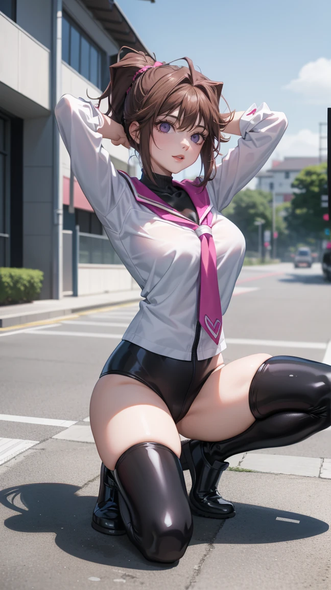 1 girl,Browsing Caution,  Kyoko Masaki,(Yu-Gi-Oh),Unsdef,short hair, Brown Hair, hair ornaments, high ponytail, ponytail,Huge breasts, clavicle, Glowing purple eyes,Absurd, brainwashing,Hollow Eyes, ((Expressionless,Emotional erasure)), (Black latex tight bodysuit),avert your eyes , Full body portrait,((Squat,Spread your legs, Put your arms behind your head)), (Highest quality、4K、8k、High resolution、Must have:1.2)、Very detailed、(reality、reality的なです、reality的な:1.37)、Ticker、Hyper HD、Studio Lighting、Ultra High Definition Paint、Sharp focus、Physically Based Rendering、Extreme Detail、Professional specifications、Vibrancy and color、Blurred、Sports portrait、landscape、Horror Style、Anime Big Tits、sf、photograph、Concept Artist、Five Fingers, Perfect body,  {{{masterpiece}}}, {{{Highest quality}}}, {{Very detailed}}, {shape}, {{Very delicate and beautiful}},Improved cost performance、All Roles、Canon 5D MK4でphotograph、photograph, 