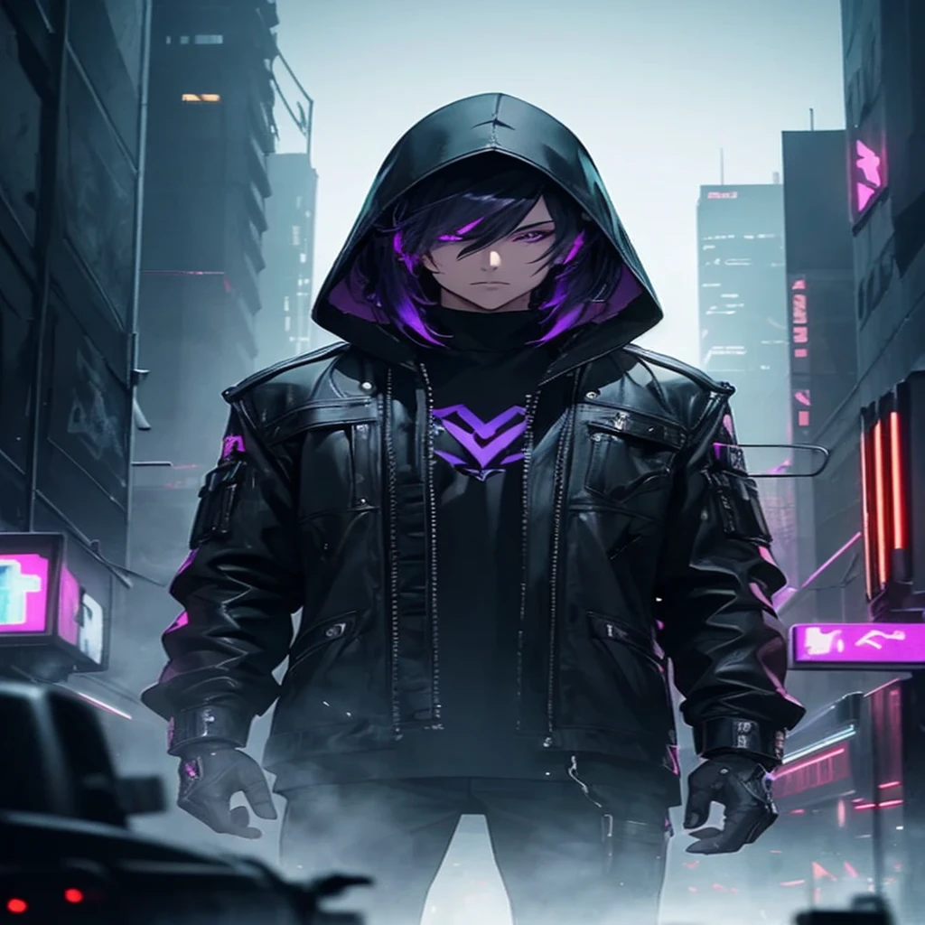 A man with short dark purple hair, wearing black clothes and a black hood, in a futuristic cyberpunk setting, highly detailed, 8k, photorealistic, cinematic lighting, dramatic shadows, moody atmosphere, sci-fi, gritty, neon lights, advanced technology, urban landscape, skyscrapers, dark city, steam punk, mechanical elements, complex background