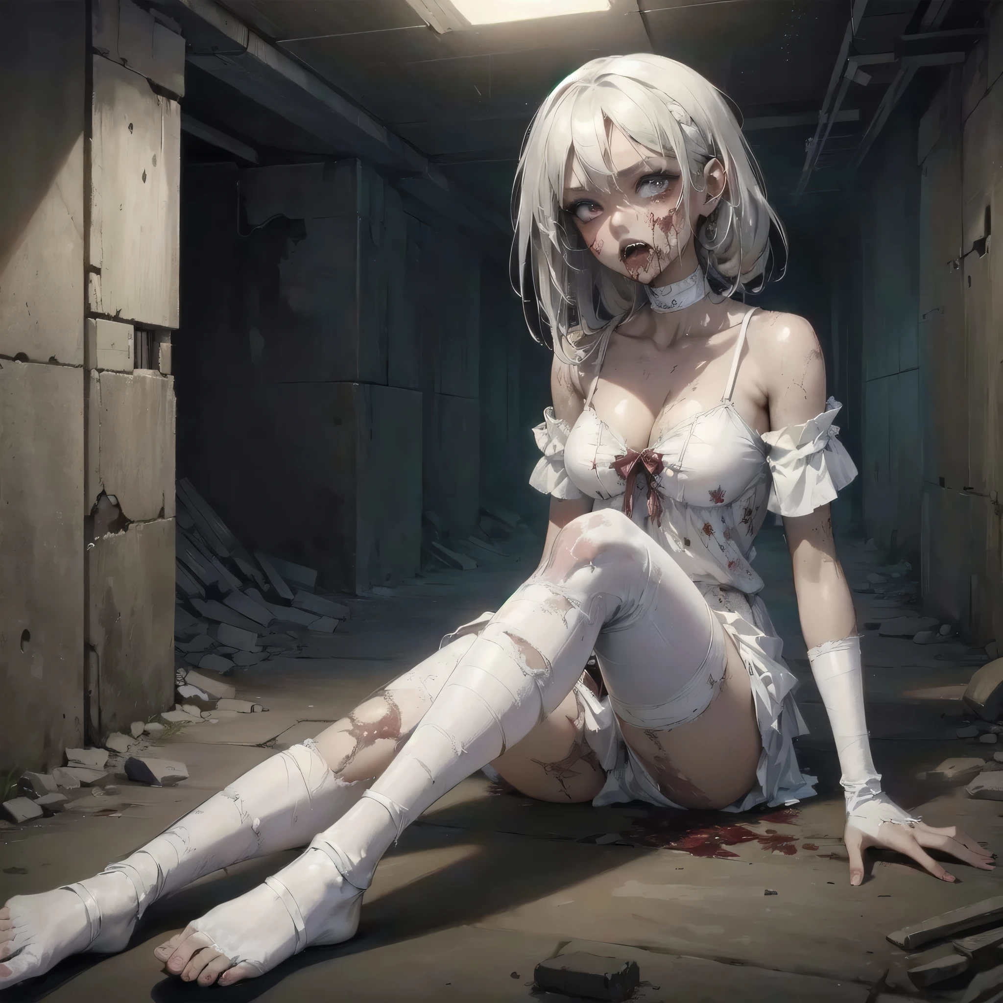  masterpiece, (textured skin), best quality, gorgeous beautiful, (a beautiful girl,zombie),detailed clothes,large breasts,narrow waist,, (beautiful face), cinematic lighting, (fantasy anime art ),