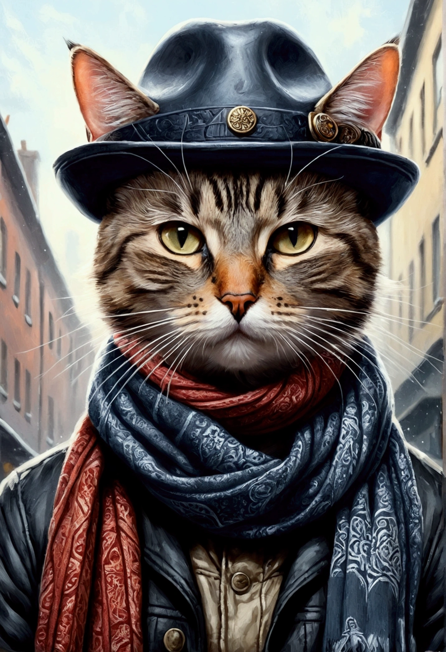A painting of a cat with a hat and scarf, Trend on Art Station, facial focus, Detailed, non-realistic rendering, British gang member, Streetstyle, intimidating pose, Planet of Cats, Highlight face , urban samurai, meow, West Slavic characteristics, 8 1 5, Animals