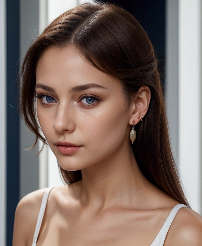 european woman as the photo in controlnet, a beautiful woman looking directly at the viewer with a seductive gaze, wearing elegant earrings, almond-colored eyes that have the outr stripe with navy blue and the inside a mixture of hazel and blue, the iris is round, good quality, 4k