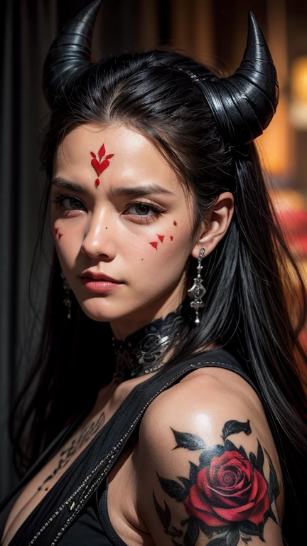 Hyper realistic cinema quality photography of a older Devil woman. the whole scene is supposed to be dark and involve black roses, face Tattoos, Pose frontally to the camera looking into the camera