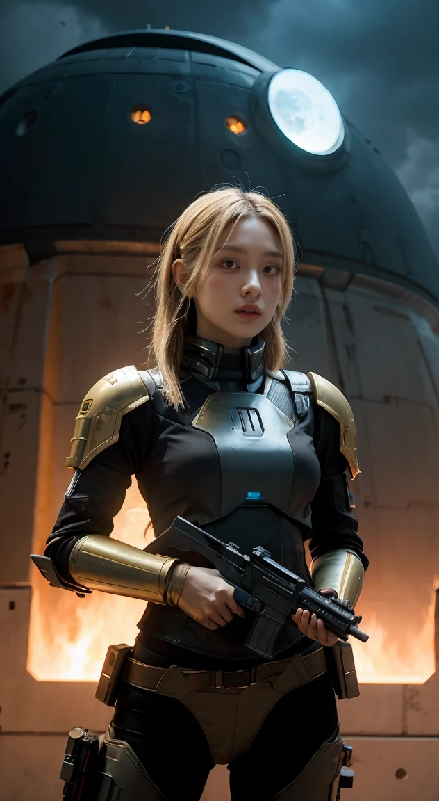 there is a woman holding a gun in front of a spaceship, ruined empire on the background, official character art, zombie from doom eternal, orianna, painting of c - 3 p 0, inspired by Sargent Johnson, heaven planet in background, juno promotional image, full helmet