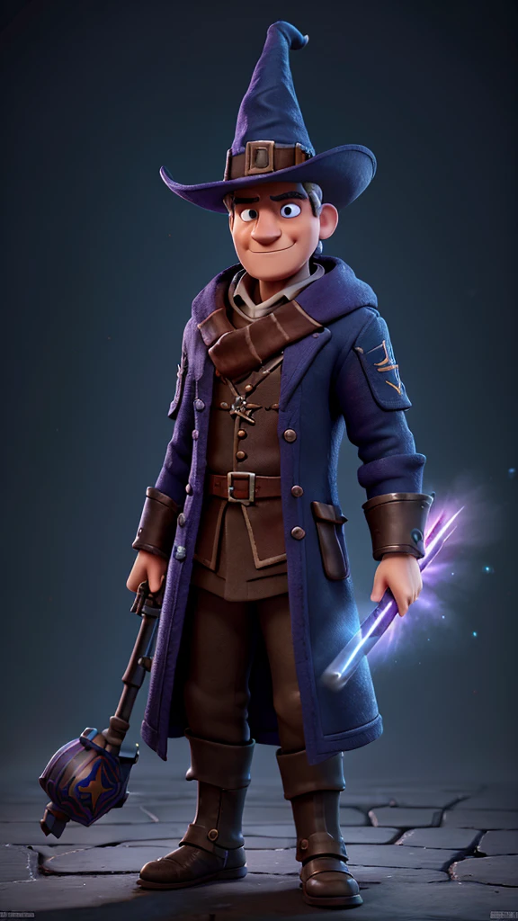 (very detailed 8k wallpaper), medium shot of a necromancer, particle lighting, high detail, dramatic, gatling gun in hand, clean background, with wizard hat on, background top weapon removed