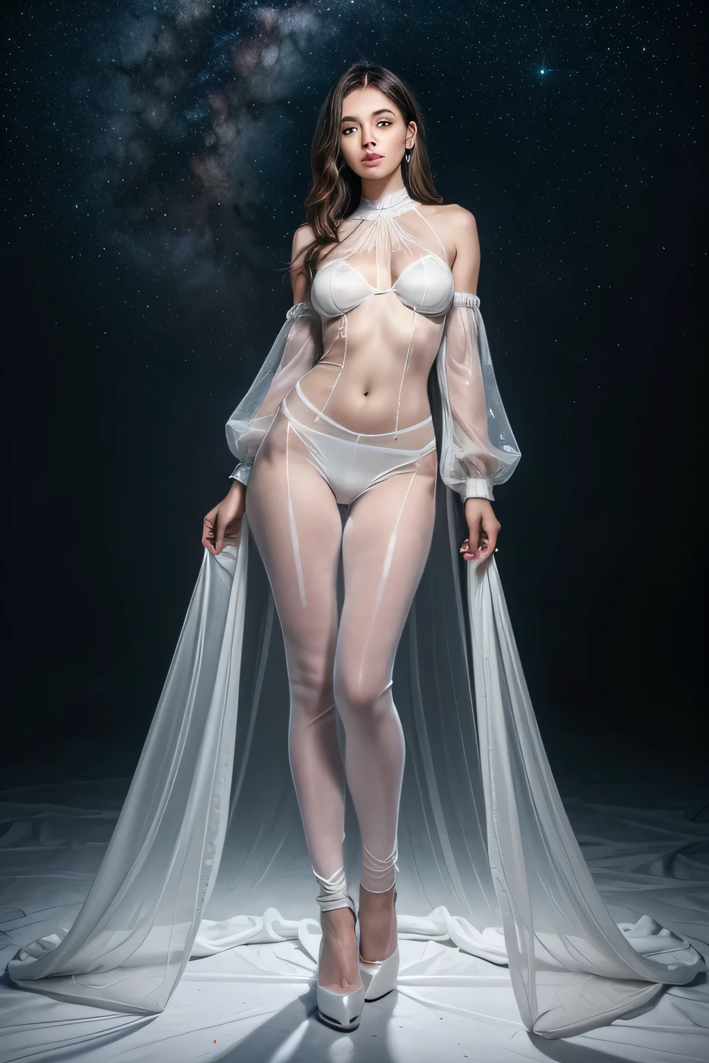 work of art, a beautiful urban female model, full body white transparent clothes under empty night stars, disappearing transparent pants, Full body standing, tall figure, fine legs, detalhes faciais, detailed body part details, 8 k wallpaper