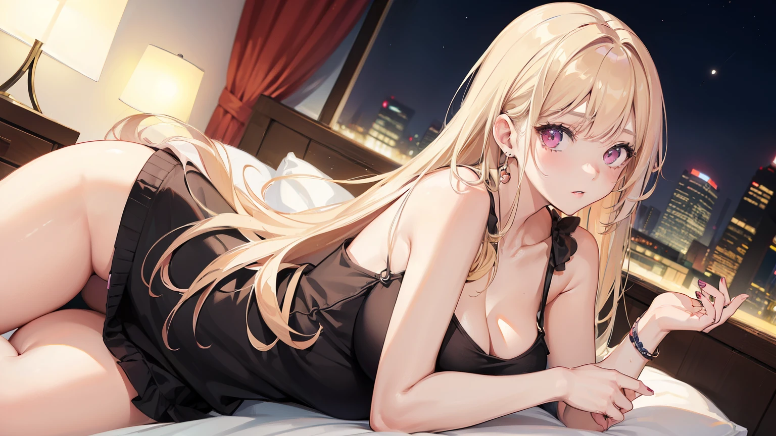 (((one adult woman))), pink eyes, long blonde hair, casual, night