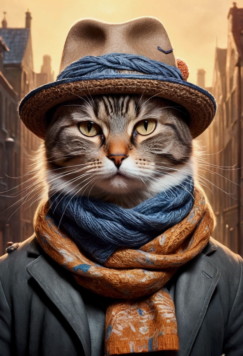A painting of a cat with a hat and scarf, Trend on Art Station, facial focus, detailed, non-realistic rendering, British gang member, Streetstyle, intimidating pose, Planet of Cats, Highlight face , urban samurai, meow, West Slavic characteristics, 8 1 5, Tiere