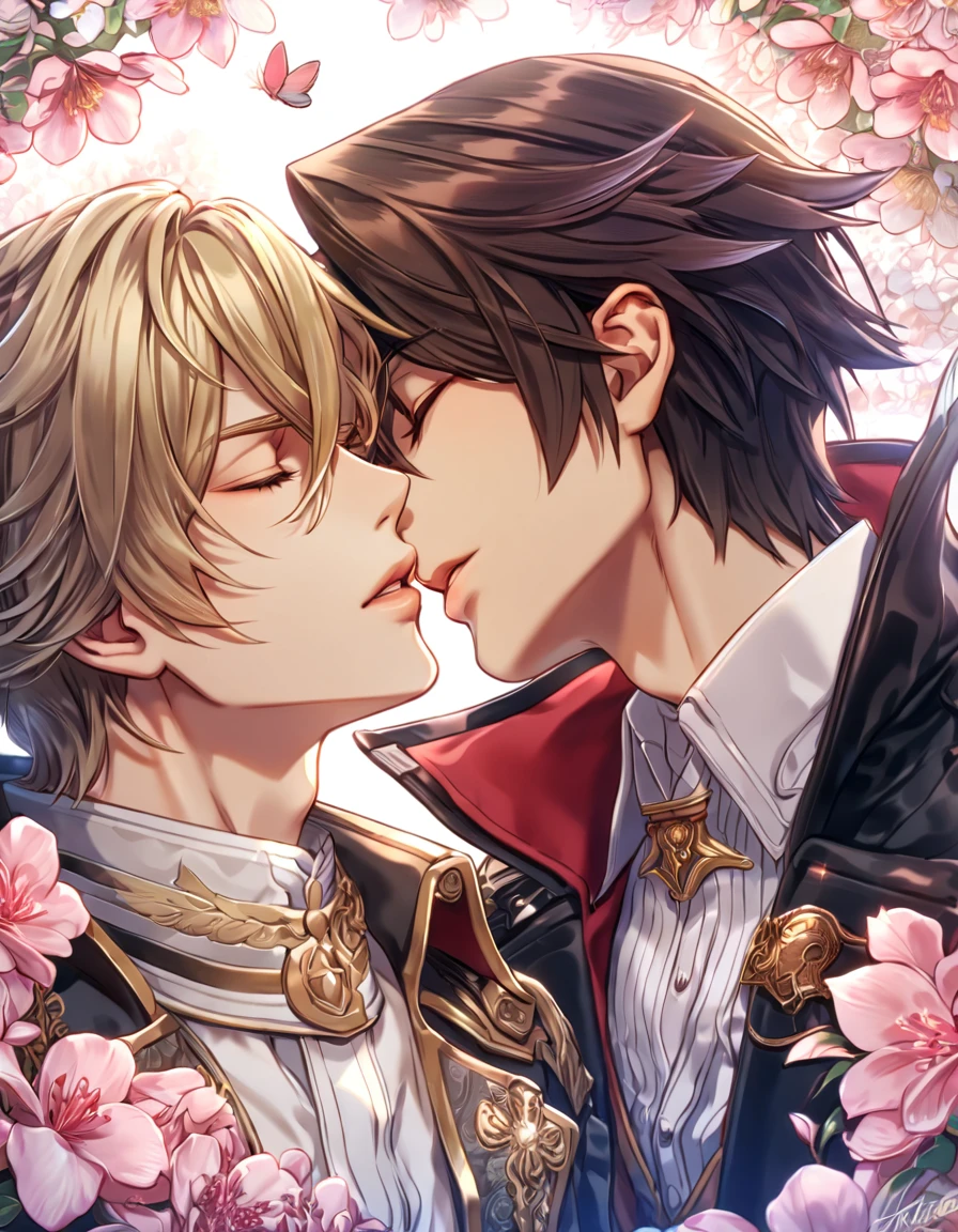 absurdres, highres, ultra detailed, HDR, master piece, best quality, extremely detailed face, delicated features, Julius Visconti, ash-blonde messy hair, short hair, hair that has bangs hanging on the left side, hair between the eyes, God Eater 2, Vincent Rain, brown hair, closed eyes, two sexy men kissing, gay couple, yaoi, handsome, a black collar with gold buckle, black coat, with gold accents, white shirt, water, blossoms, pink flowers, pink butterflies, fantasy, magic, radiant