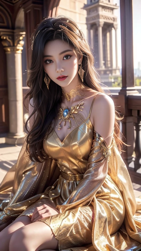 8K, UHD, MAsterpiece, best quality, 1 girl, (realistic face), happy pace, very long hair, small breasts, decorated dress, very beautiful ornaments dress, golden color, ((lace)), mesh dress, sardine, loops, legendary night balcony, depth of field, cinematic lighting, chromatic aberration, motion blur, glowing light, god rays, ray tracing, reflection light, backlighting, sitting, front short,