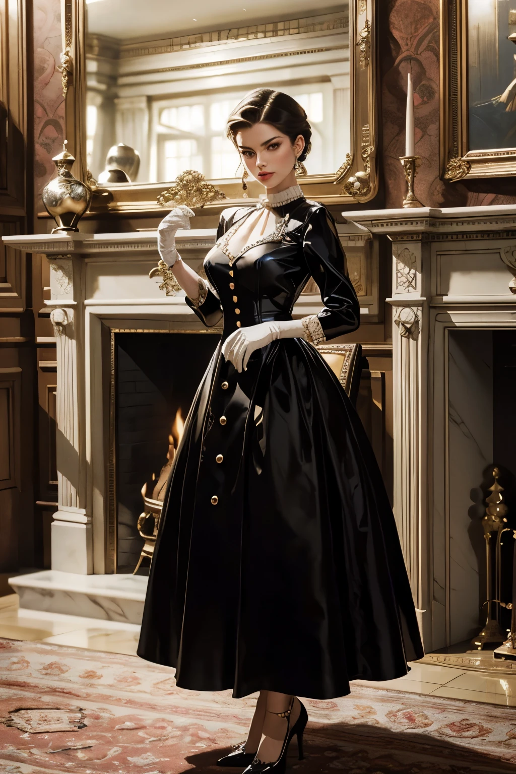 Hyper-realistic Digital Painting (Highest Quality): A fashion model, exuding vintage elegance, is captured in a 1950s-inspired classic outfit. She dons a tailored dress with a cinched waist, accentuating her silhouette, and accessorizes with pearls and stylish gloves. The exquisite details of the dress, from the intricate beading to the vintage buttons, are meticulously rendered, showcasing the artist's masterful craftsmanship.
Set against an opulent, vintage interior, the model stands before a grand fireplace, surrounded by plush velvet furnishings and antique décor. The