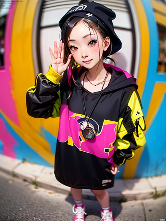 (Cowboy Shot), fisheye, girl, alone, womanモデル, Hip Hop Fashion, woman, Oversized jacket, bandana, high top sneakers, Graffiti art, Street Corner, Street dance pose, Fresh makeup, Vibrant colors, Confidence , The generated image is、Attracting attention in fashion magazines and on social media、