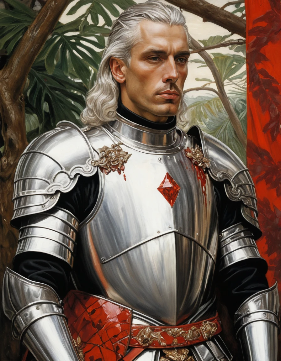 {Masterpiece, best quality, oil painting, male focus}, ((by James Tissot, J. C. Leyendecker)), (((the portrait of a male knight, tall, muscular, silver hair, sullen, covered in blood, wearing plate armor, with a red diamond shape in his chest. Jungle background, hawk moths flying)))