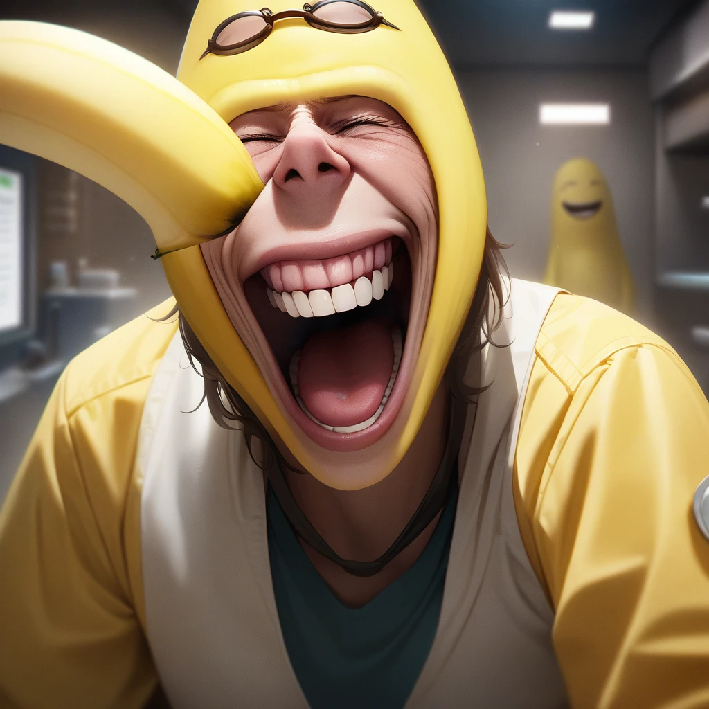 Highest quality、masterpiece、Realistic banana character、laughing、The background is a clinic