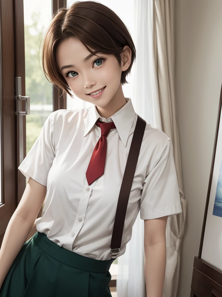 masterpiece, of the highest quality, Best Quality, 1 girl, Alone, looking at the viewer, , rin Tezuka, (armless amputee:1.2), Brown hair, neck, necked shirt, (double amputee:1.2), green eyes, Katawa Shojo, Red tie, shirt, short hair, Alone, white shirt, lozhkin, smile, precise teeth with gaps