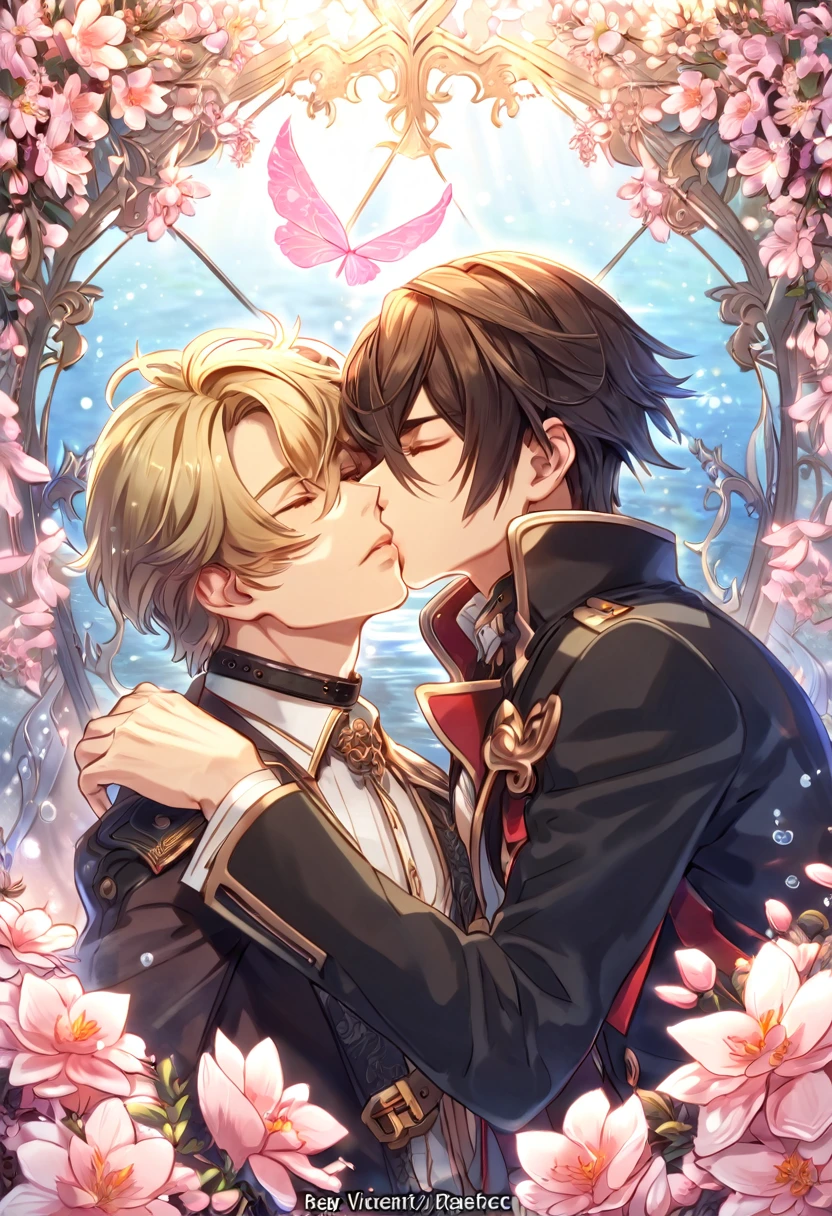 absurdres, highres, ultra detailed, HDR, master piece, best quality, extremely detailed face, delicated features, Julius Visconti, ash-blonde messy hair, short hair, hair that has bangs hanging on the left side, hair between the eyes, closed eyes, God Eater 2, Vincent Rain, brown hair, closed eyes, two sexy men kissing, gay couple, yaoi, handsome, a black collar with gold buckle, black coat, with gold accents, white shirt, water, blossoms, pink flowers, pink butterflies, fantasy, magic, radiant