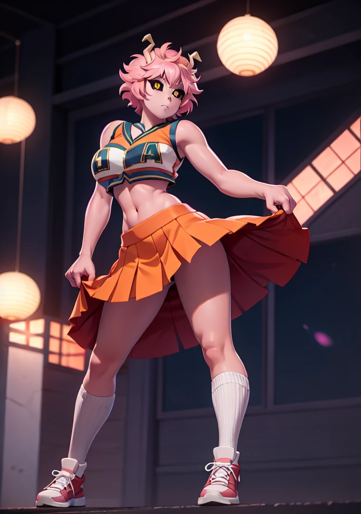 mina ashido, 1girl, solo, looking at viewer, short hair, simple background, yellow eyes, pink hair, horns, colored skin, colored sclera, black sclera, pink skin, U.A. CheerUniform, orange skirt, (bare belly), perfect shading, bare shoulders, big breasts