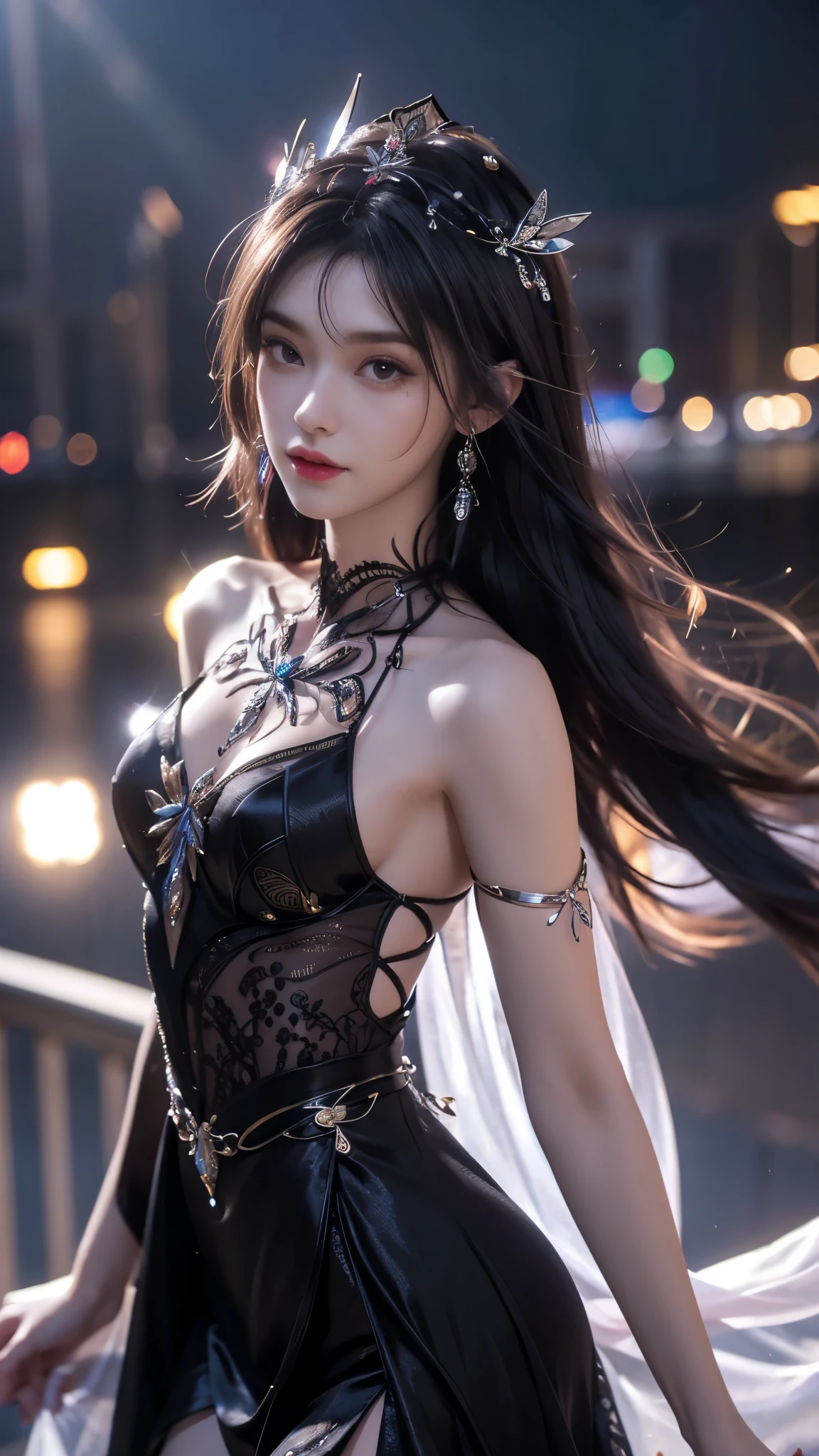 8K, UHD, MAsterpiece, best quality, 1 girl, (realistic face), happy pace, very long hair, small breasts, decorated dress, very beautiful ornaments dress, black color, ((lace)), mesh dress, sardine, loops, legendary night balcony, depth of field, cinematic lighting, chromatic aberration, motion blur, glowing light, god rays, ray tracing, reflection light, backlighting, navel short,