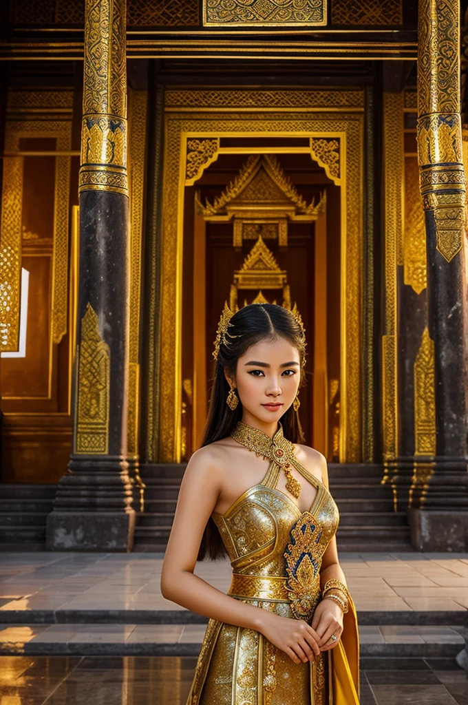(Masterpiece), (Best quality), (Ultra detailed), (Vivid colors), (Intricate details), (Dramatic lighting), A book cover for a Thai historical romance novel titled "Love across worlds: Mystery of the heart of the past."
character: Young Thai woman is beautiful and elegant in Thai Chakri dress. Stand elegantly in front of Wat Phra Si Sanphet at night. The moonlight shone on her sweet, pretty face. Revealing longing eyes and hidden love. Scene: Wat Phra Si Sanphet at night Magnificent with exquisite Thai architecture. The moonlight shone on the top of the golden pagoda. Create a romantic and mysterious atmosphere. Elements: An ancient hourglass sits on the marble floor next to the woman, symbolizing time and travel across worlds. The book's title "Love across worlds: Mystery of the heart of the past" Written in beautiful calligraphy on a dark background. With the author's name in a smaller size below. Style: ภาพวาดสีน้ำมันที่เน้นความละเอียดและความสมจริงของcharacterและฉาก แสงเงาที่สวยงามสร้างมิติและความลึกลับให้กับภาพ