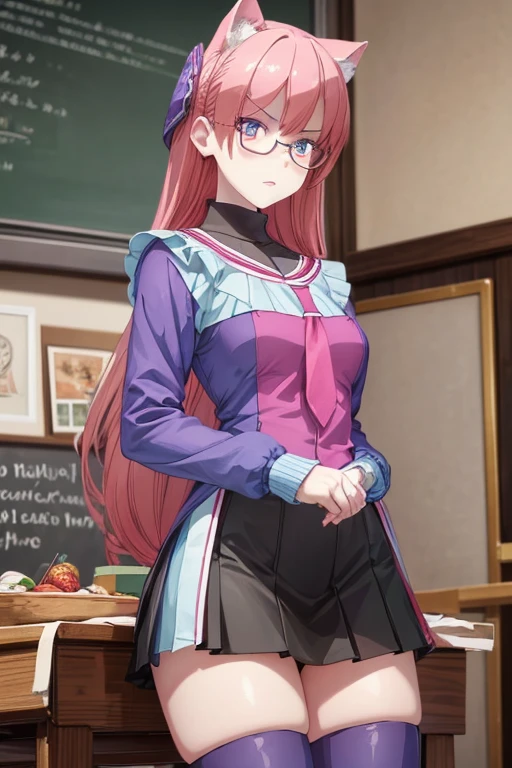 masterpiece, Beautiful art, professional artist, 8k, art style by sciamano240, Very detailed face, Detailed hair, detailed clothing, detailed fabric, 1 girl, perfectly drawn body, beautiful face, broad, light blue fur , highly detailed blue cat eyes, wearing teacher clothes, thigh high boots, tube skirt, Glasses, looking angrily over Glasses, Sensual Lips , pink cheeks, School environment, detailed background, board , show details in the eyes, close up view, spectator looking, angry expression,