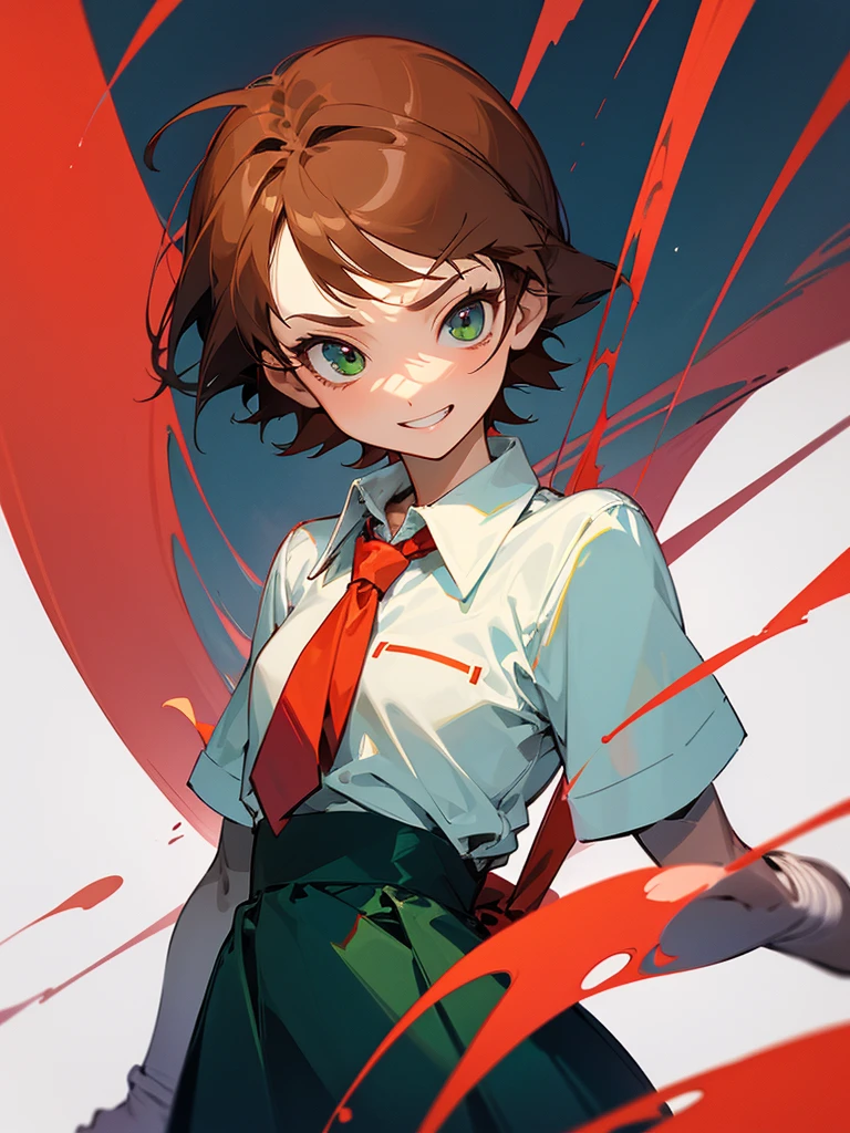 masterpiece, of the highest quality, Best Quality, 1 girl, Alone, looking at the viewer, , rin Tezuka, (armless amputee:1.2), Brown hair, neck, necked shirt, (double amputee:1.2), green eyes, Katawa Shojo, Red tie, shirt, short hair, Alone, white shirt, lozhkin, smile, precise teeth with gaps
