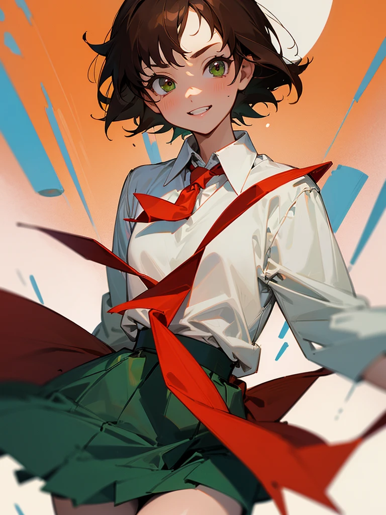 masterpiece, of the highest quality, Best Quality, 1 girl, Alone, looking at the viewer, , rin Tezuka, (armless amputee:1.2), Brown hair, neck, necked shirt, (double amputee:1.2), green eyes, Katawa Shojo, Red tie, shirt, short hair, Alone, white shirt,  lozhkin, smile, precise teeth with gaps 