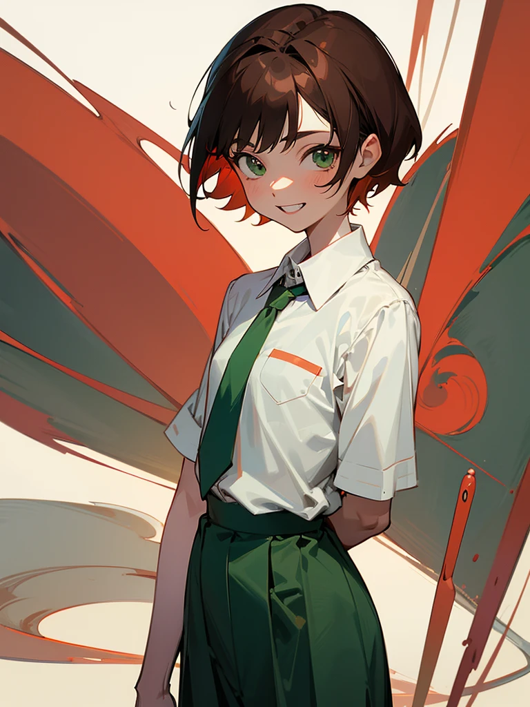 masterpiece, of the highest quality, Best Quality, 1 girl, Alone, looking at the viewer, , rin Tezuka, (armless amputee:1.2), Brown hair, neck, necked shirt, (double amputee:1.2), green eyes, Katawa Shojo, Red tie, shirt, short hair, Alone, white shirt, lozhkin, smile, precise teeth with gaps