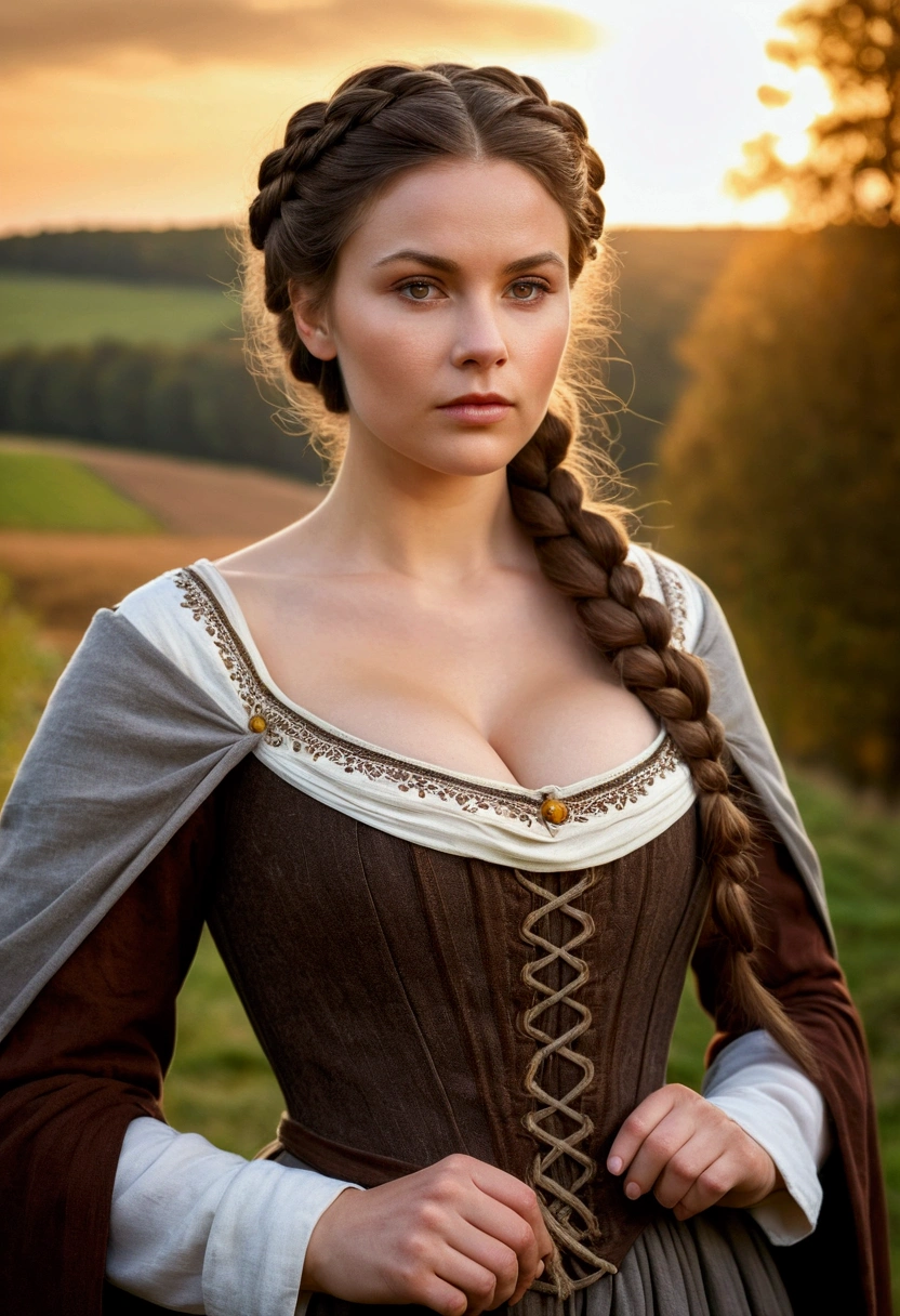 Beautiful and sensual busty athletic (fine tune) brunette peasant with sharp facial features wearing a modest coiffure, medieval hair cape, rough gray and brown medieval peasant dress, long sleeves, wide neck, long robe, tight bodice, corset, middle Ages, cabain, farm, outer, Trees, hinterland, natta, sunset. breasts big. (crown braid, coiffure)