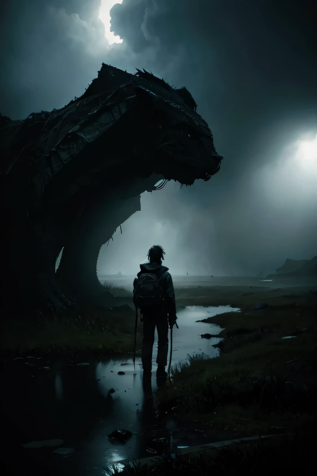 grunge style creature coming out of the dark, Ashley Wood, Kekai Kotaki, Oscar Chichoni, dark environment, fog, clouds, swamp, high contrast