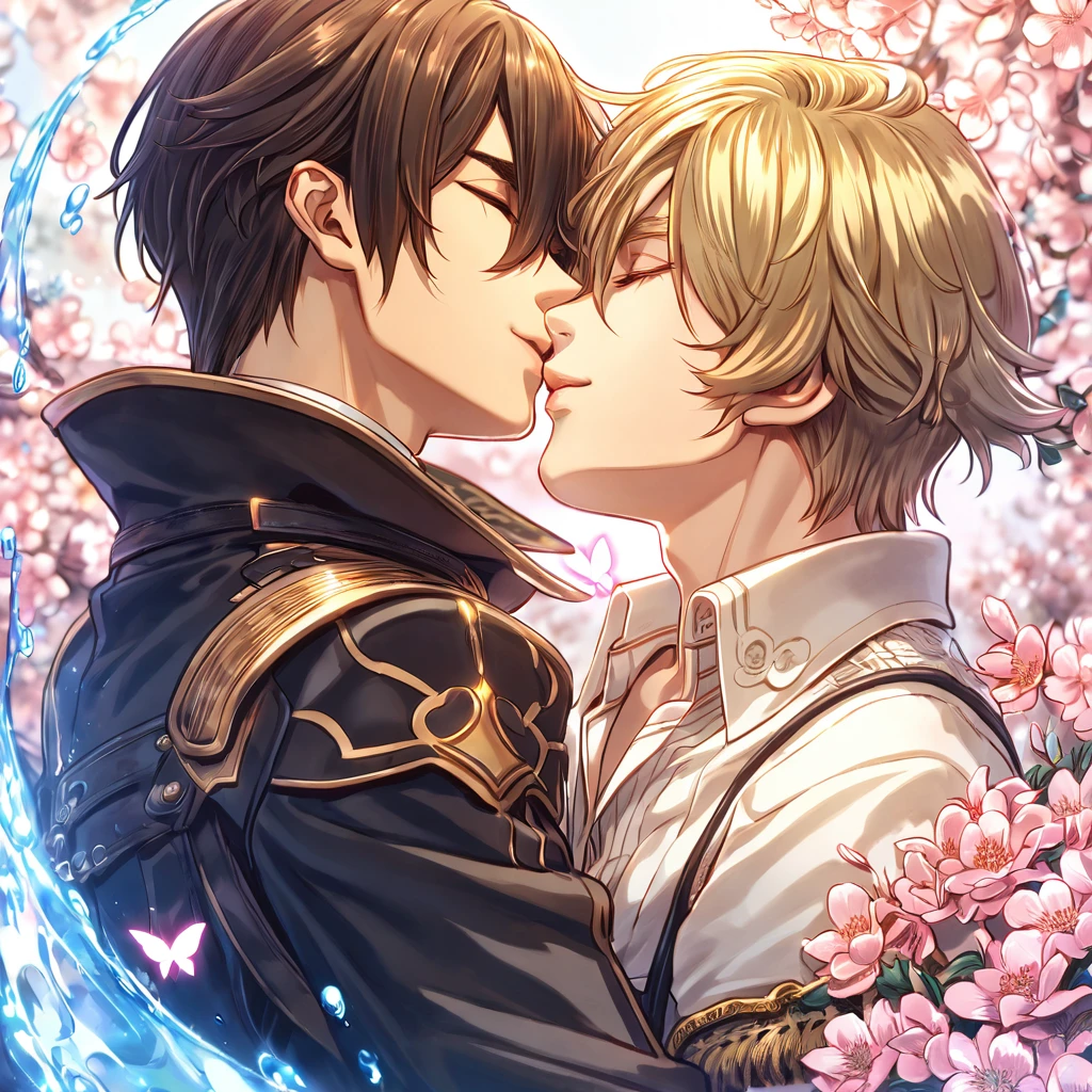absurdres, highres, ultra detailed, HDR, master piece, best quality, extremely detailed face, delicated features, Julius Visconti, ash-blonde messy hair, short hair, hair that has bangs hanging on the left side, hair between the eyes, closed eyes, God Eater 2, Vincent Rain, brown hair, closed eyes, two sexy men kissing, gay couple, yaoi, handsome, a black collar with gold buckle, black coat, with gold accents, white shirt, water, blossoms, pink flowers, pink butterflies, fantasy, magic, radiant