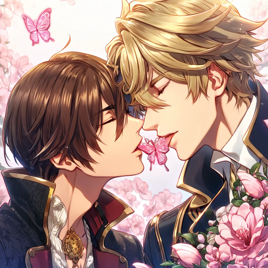 absurdres, highres, ultra detailed, HDR, master piece, best quality, extremely detailed face, delicated features, Julius Visconti, ash-blonde messy hair, short hair, hair that has bangs hanging on the left side, hair between the eyes, closed eyes, God Eater 2, Vincent Rain, brown hair, closed eyes, two sexy men kissing, gay couple, yaoi, handsome, a black collar with gold buckle, black coat, with gold accents, white shirt, water, blossoms, pink flowers, pink butterflies, fantasy, magic, radiant
