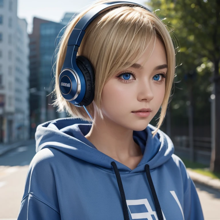 (masterpiece, best quality: 1.2), ultra detailed, highest detail, beautiful girl, anime, blonde, short hair, headphones, crimson blue eyes, headphones, hoodie, a beautiful background, 