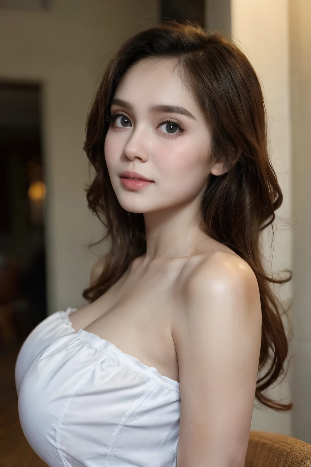 (Strapless dress), Chubby adorable, 2 girl, (face to face), , baby face, hf body portrait, (face details: 1), (eye details: 1), ((big breasts)). wearing transparent transparency soft soft long shirt, ((tomboy hair)), .. Cute posed. proportional body. Ultra High Res. realistic: 1.4, UHD, (floral pattern), view from side seductive pose 