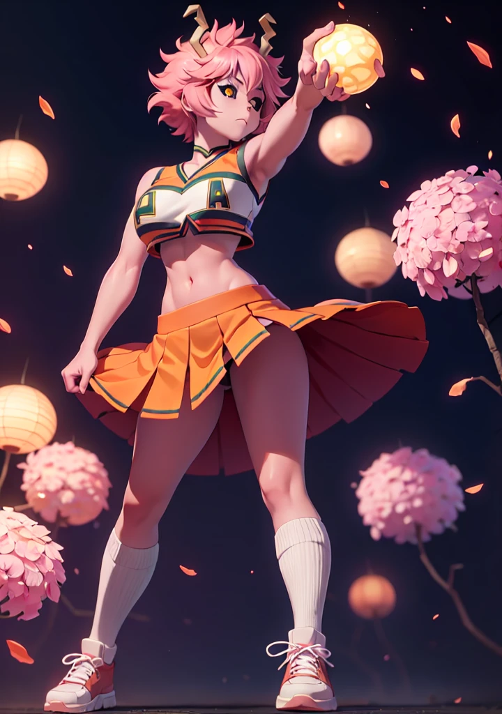 mina ashido, 1girl, solo, looking at viewer, short hair, simple background, yellow eyes, pink hair, horns, colored skin, colored sclera, black sclera, pink skin, U.A. CheerUniform, orange skirt, (bare belly), perfect shading, bare shoulders, big breasts