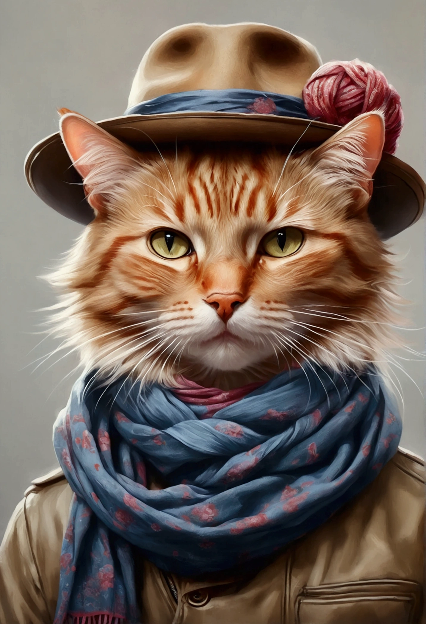 A painting of a cat with a hat and scarf, Trend on Art Station, facial focus, detailed, non-realistic rendering, British gang member, Streetstyle, intimidating pose, Planet of Cats, Highlight face , urban samurai, meow, West Slavic characteristics, 8 1 5, Tiere
