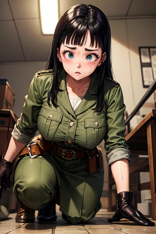 masterpiece, Highest quality,  Unreal Engine,  Super Resolution,  Very detailed, 

Beautiful woman, May, alone, uniform, Black Hair, boots, gloves, army, army uniform, Long Hair, iris, belt, coat, Black background, Simple Background, whole body, blunt bangs, bangs, Long Black Hair, Vivid expression, Healthy Body, Beautifully detailed sweat glands, Smooth skin texture, Carefully drawn,

(humidity:1.2), Beautiful Eyes, (Attractive face:1.2), (Beautiful Skin), (Big Breasts), Puffy nipples, Sticky with sweat, In a dynamic pose,

In the world of Dragon Ball, indoor, In the basement, 