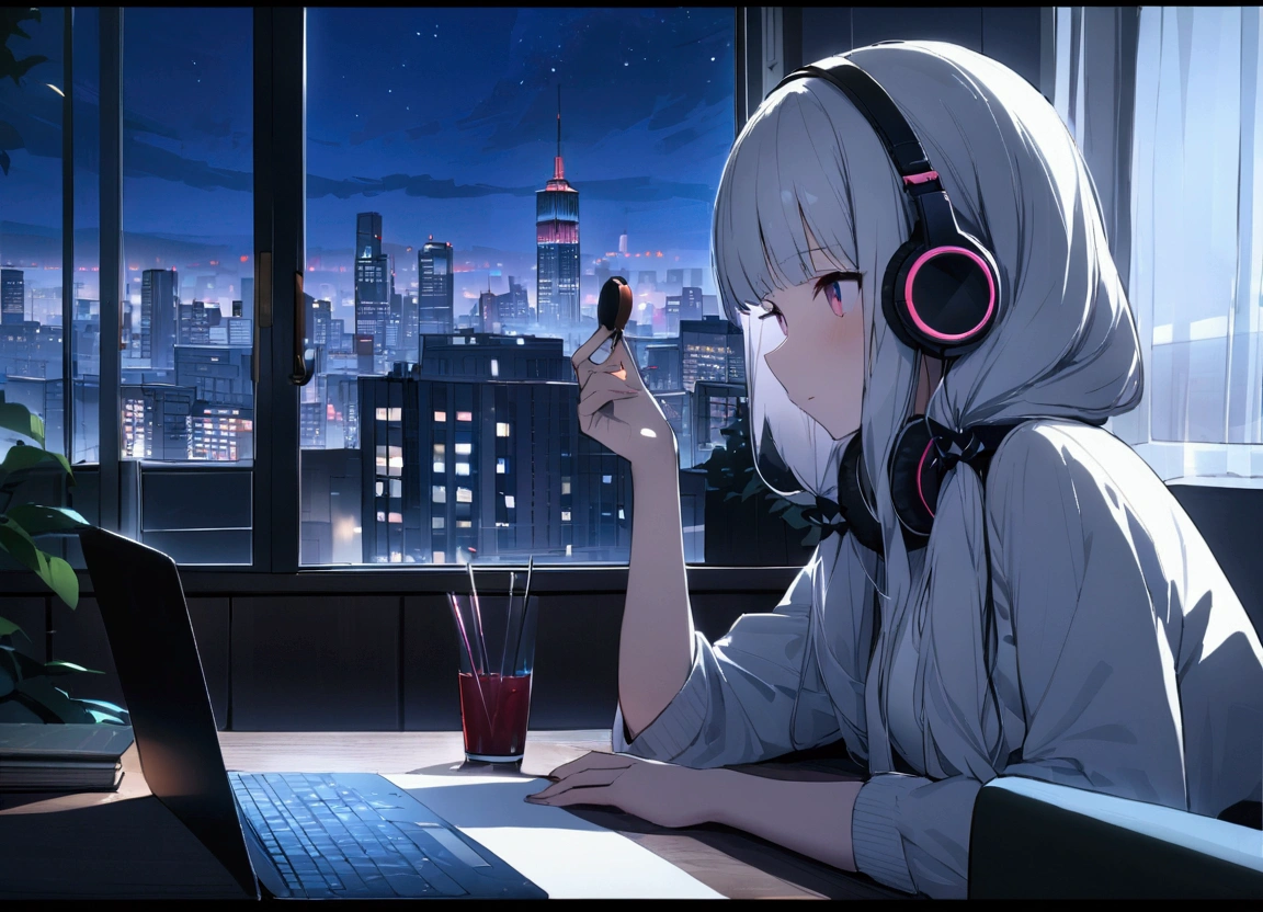 Highest quality,masterpiece,,high resolution,4K,Atmospheric,Detailed Description,Girls to study,night,Private room,headphone,City Pop
