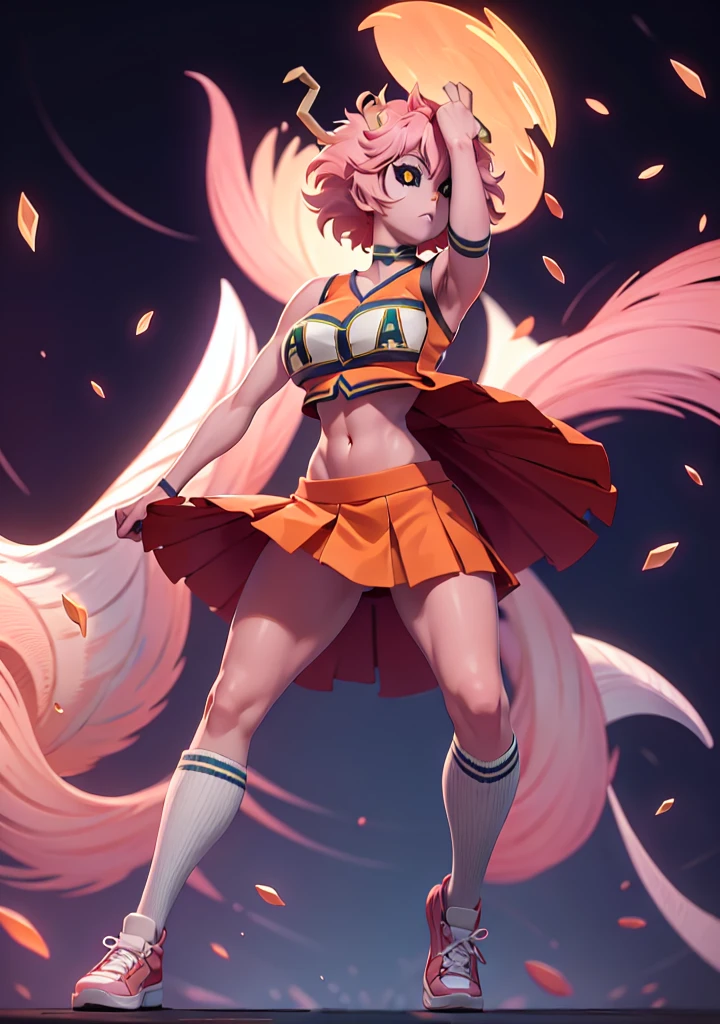 mina ashido, 1girl, solo, looking at viewer, short hair, simple background, yellow eyes, pink hair, horns, colored skin, colored sclera, black sclera, pink skin, U.A. CheerUniform, orange skirt, (bare belly), perfect shading, bare shoulders, big breasts