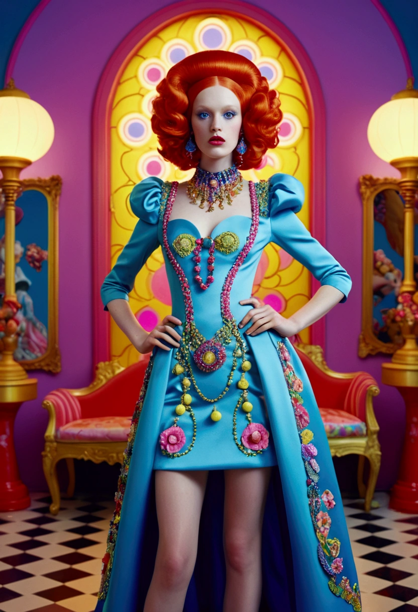 a Fashion Model, Dress, full body, 35mm photograph, bokeh, by Rachel Maclean and Miles Aldridge, cinematic still, (best quality, masterpiece), very aesthetic, perfect composition, photorealistic, intricate details, ultra-detailed, vivid colors