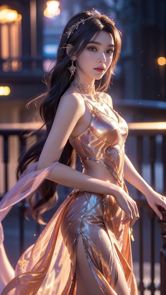 8K, UHD, MAsterpiece, best quality, 1 girl, (realistic face), happy pace, very long hair, small breasts, decorated dress, very beautiful ornaments dress, ((flame color)), ((lace)), mesh dress, sardine, loops, legendary night balcony, depth of field, cinematic lighting, chromatic aberration, motion blur, glowing light, god rays, ray tracing, reflection light, backlighting, navel short,