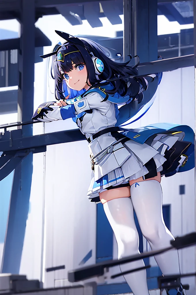 mecha wings、White and blue skirt、Accentuated thighs、White tights、chest、Beautiful black hair、1 girl、solo girl、Thick thighs、IS、Frame Arms Girl、Alice Gere Aegis、White Armor、income、headphone、hand on own chest、smile