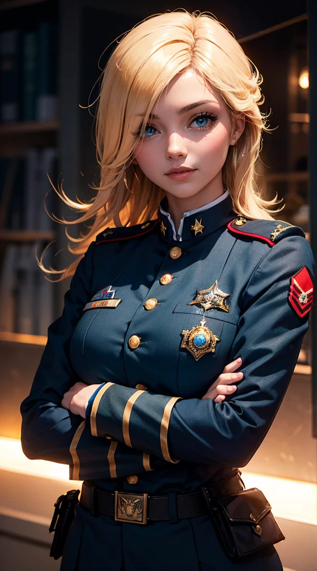 light smile, glowing skin, better quality, illustration, (realistic:1.4) 여성 soldier, female officer, soldier, military uniform