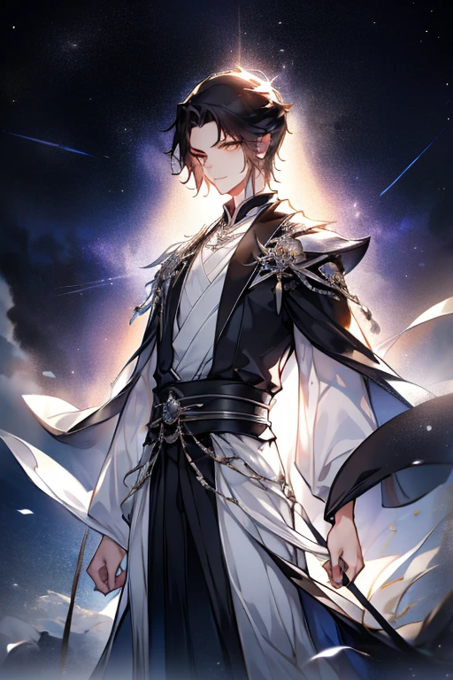 A young man，For the audience，((Black short hair))，Light forehead，Chinese fantasy costumes，Background is starry sky，Black vibe