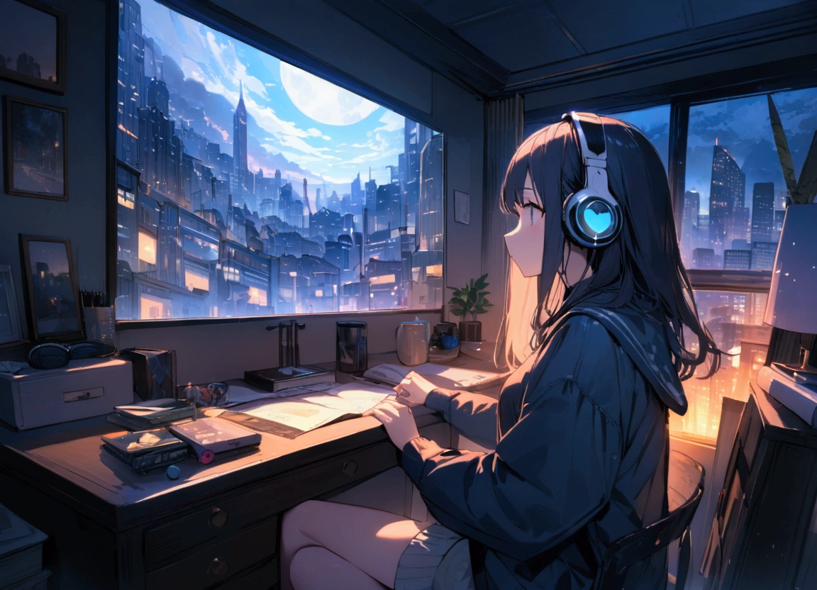 Highest quality,masterpiece,,high resolution,4K,Atmospheric,Detailed Description,Girls to study,night,Private room,headphone,City Pop