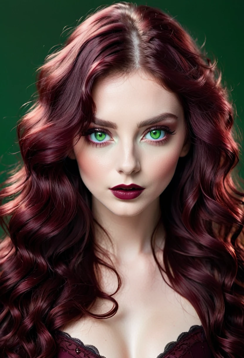 Curvy, long red hair, green eyes, sensual makeup, revealing clothing, bold, flirtatiou, miling, full color, real 18 years old, 4k, portrait shot close, Hair: Long red Eyes: Green Makeup: Sensual, with emphasis on smoky eyes and red lips Build: Curvy Style: Revealing and bold