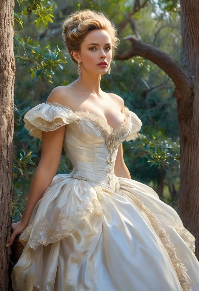 A colored pencil drawing of a beautiful aristocratic woman with large, elegant, hawk nose, who personifies old-fashioned class, sophistication, elegance and also healthy, natural beautiful. curved, Waist slender, Broad Hips, Hips swaying. . Opulent, Historically Accurate Victorian Dress. mash up de Laura Vandervoort, Scarlett Johanson She is sitting seductively under a live oak.
