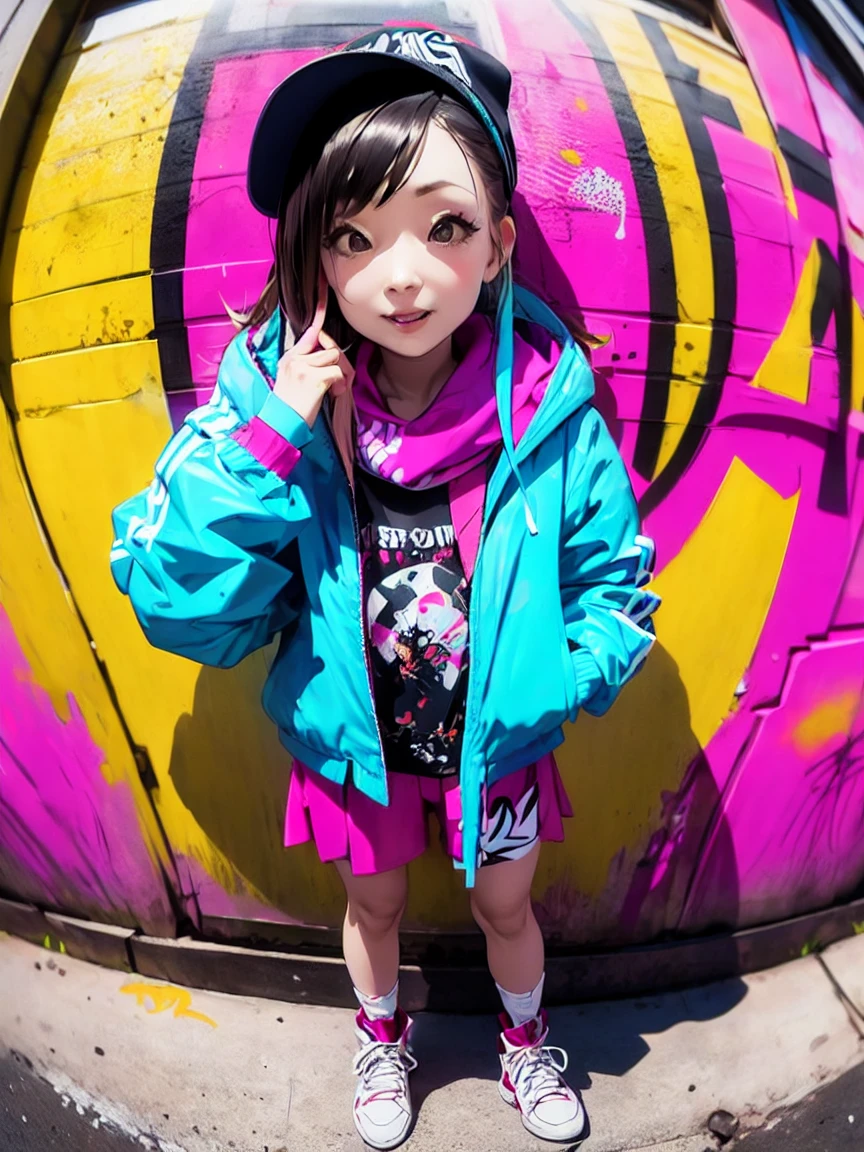 (Cowboy Shot), fisheye, girl, alone, womanモデル, Hip Hop Fashion, woman, Oversized jacket, bandana, high top sneakers, Graffiti art, Street Corner, Street dance pose, Fresh makeup, Vibrant colors, Confidence , The generated image is、Attracting attention in fashion magazines and on social media、