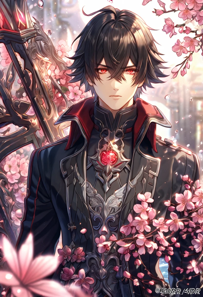 absurdres, highres, ultra detailed, HDR, master piece, best quality, extremely detailed face, delicated features, Vincent Rain, brown messy hair, short hair, hair that has bangs hanging on the left side, hair between the eyes, expressive red eyes, God Eater 2, solo, sexy man, handsome, black coat, with silver accents, black tight shirt, water, blossoms, pink flowers, pink butterflies, fantasy, magic, radiant