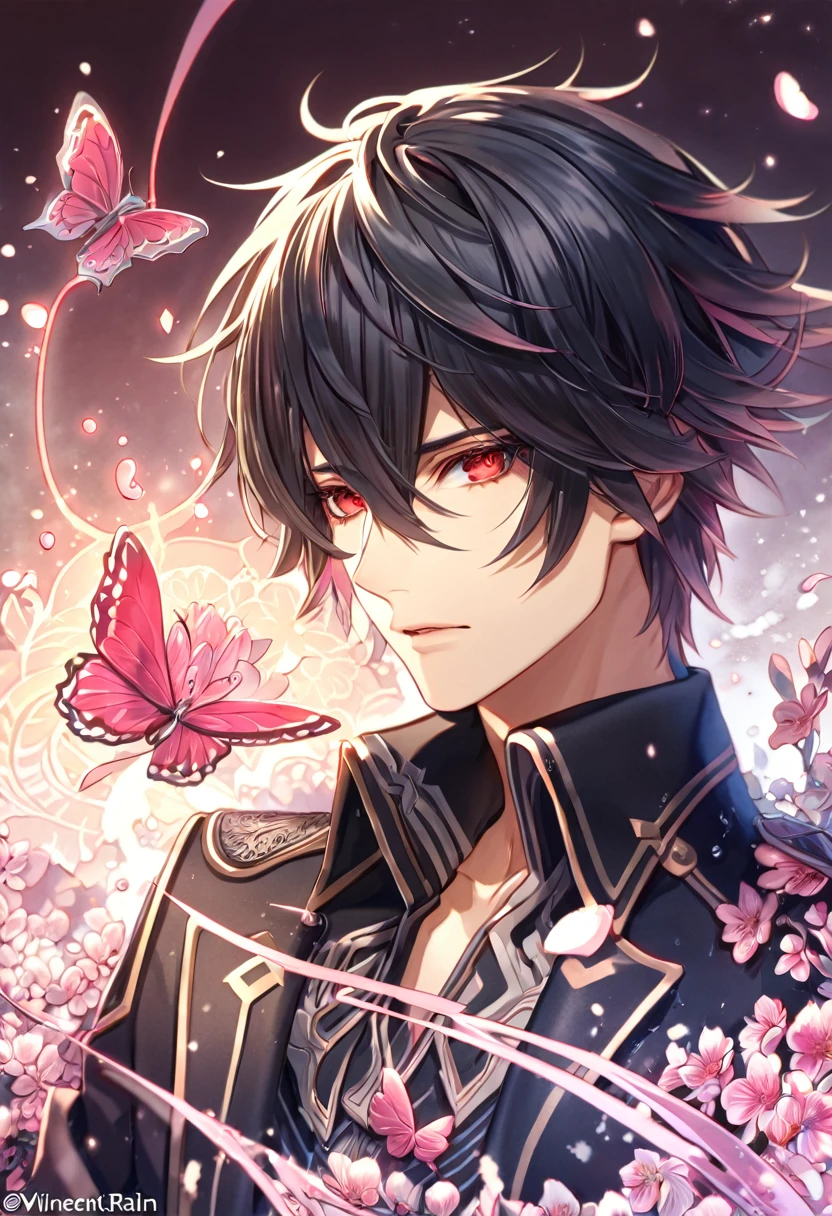 absurdres, highres, ultra detailed, HDR, master piece, best quality, extremely detailed face, delicated features, Vincent Rain, brown messy hair, short hair, hair that has bangs hanging on the left side, hair between the eyes, expressive red eyes, God Eater 2, solo, sexy man, handsome, black coat, with silver accents, black tight shirt, water, blossoms, pink flowers, pink butterflies, fantasy, magic, radiant