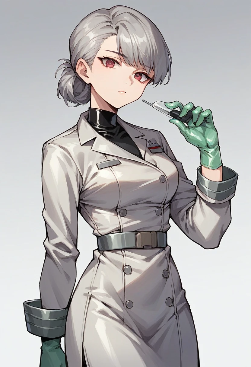 1girl, bangs, ((green elbow gloves)), ((surgical gloves)), ((latex gloves)), ((((long sleeves)))), ((gray surgeon outfit)), looking at viewer, ((gray doctor outfit)), standing, solo