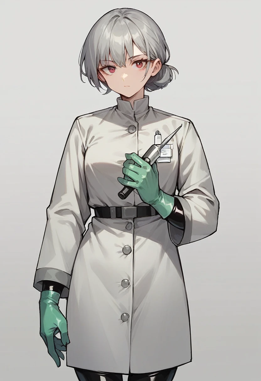 1girl, bangs, ((green surgical gloves)), ((surgical gloves)), ((latex gloves)), ((((long sleeves)))), ((gray surgeon outfit)), looking at viewer, ((gray doctor outfit)), standing, solo